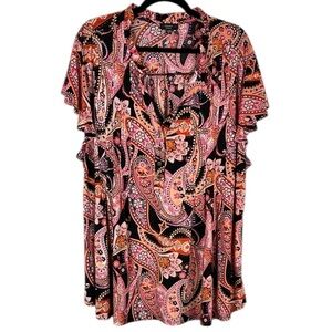 Cocomo Woman Paisley Floral Short Cap Sleeve Tunic Top Blouse 3X Pink Black